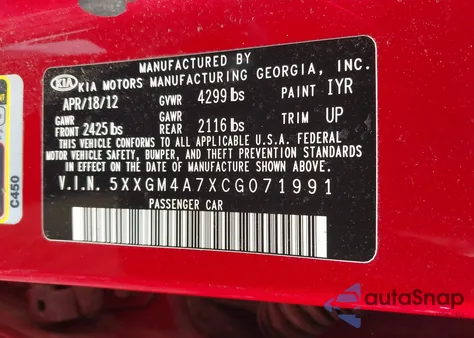 2012 Kia Optima Lx z USA, uszkodzony, nr VIN 5XXGM4A7XCG071991